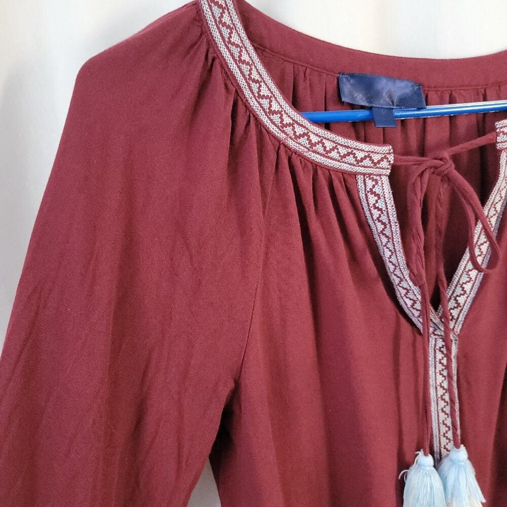 Blue Rain Top Peasant BOHO Tied Med. tassel Embroidered tunic cottage retro Rayo - Picture 5 of 13